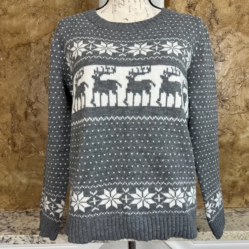 POL Anthropologie Sweater Women's M Knit‎ Fair Isle Snowflake Reindeer Christmas